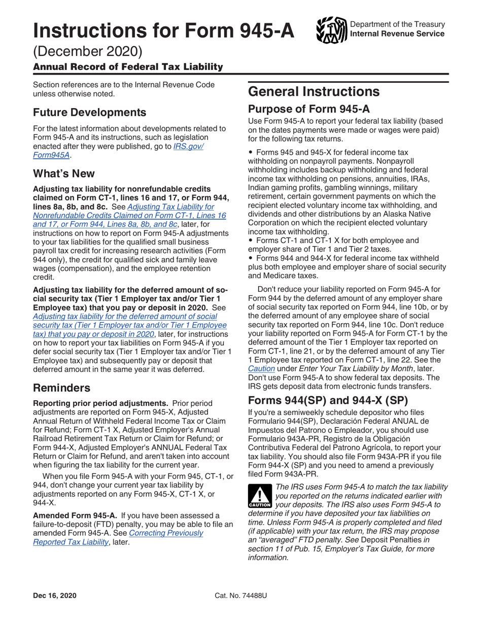 Instructions for IRS Form 945-A Annual Record of Federal Tax Liability, Page 1