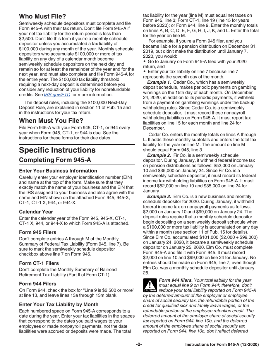 Instructions for IRS Form 945-A Annual Record of Federal Tax Liability, Page 2