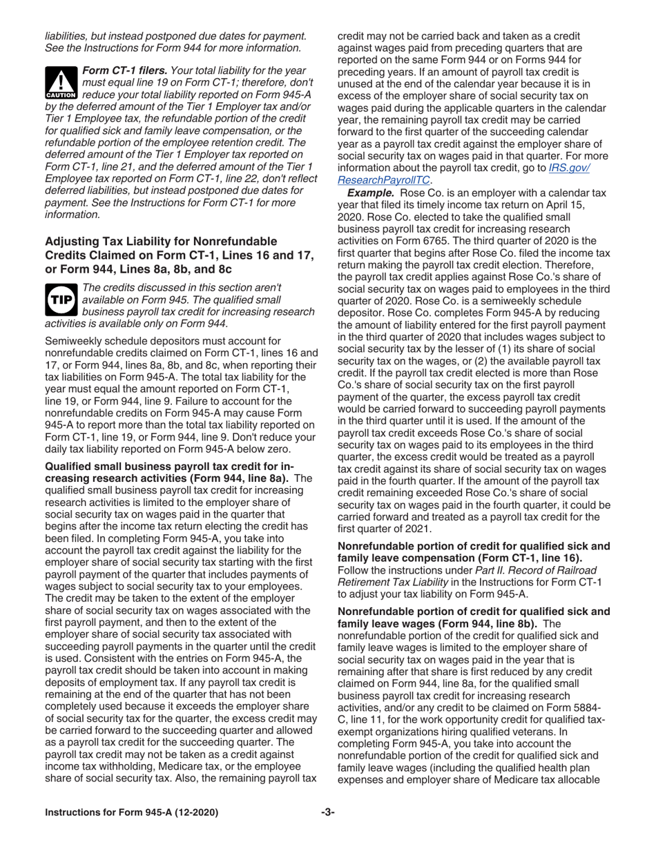 Instructions for IRS Form 945-A Annual Record of Federal Tax Liability, Page 3