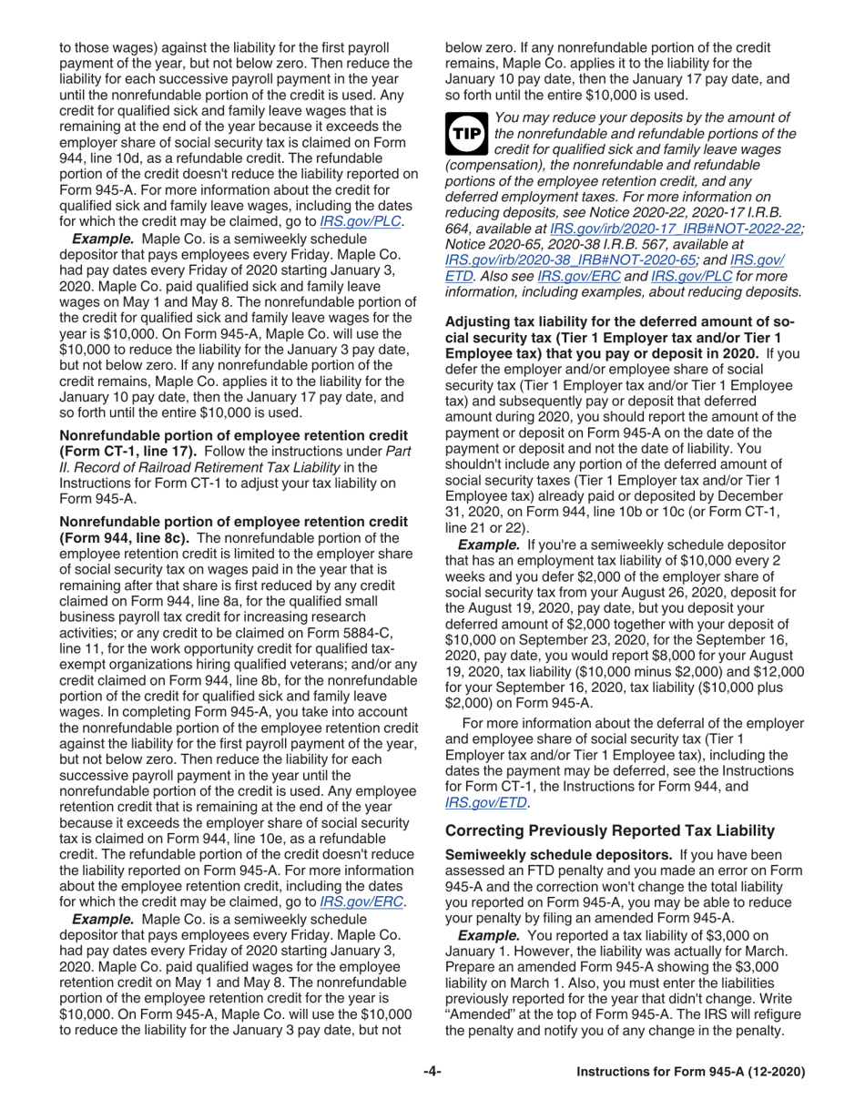 Instructions for IRS Form 945-A Annual Record of Federal Tax Liability, Page 4