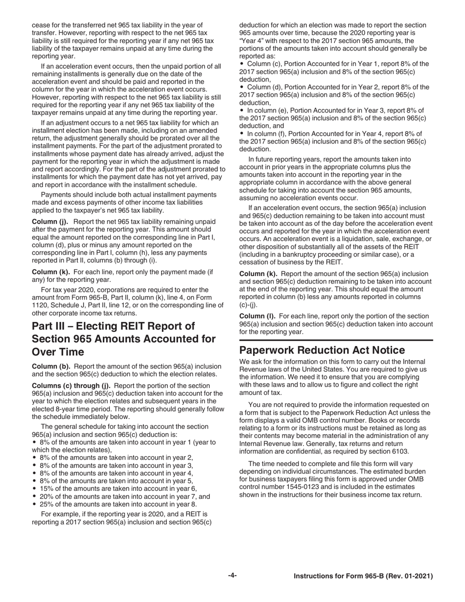 Instructions for IRS Form 965-B Corporate and Real Estate Investment Trust (Reit) Report of Net 965 Tax Liability and Electing Reit Report of 965 Amounts, Page 4