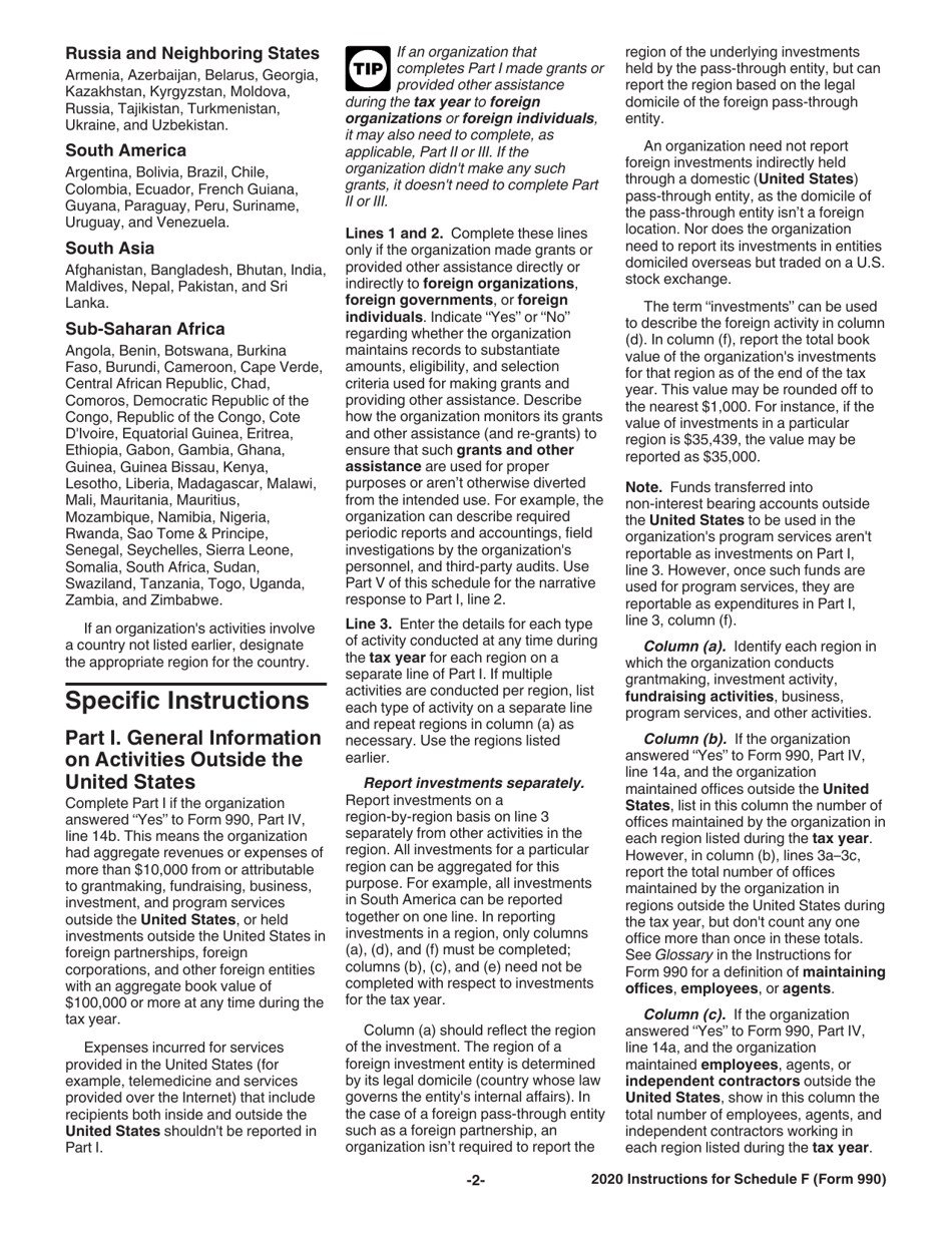 Instructions for IRS Form 990 Schedule F Statement of Activities Outside the United States, Page 2