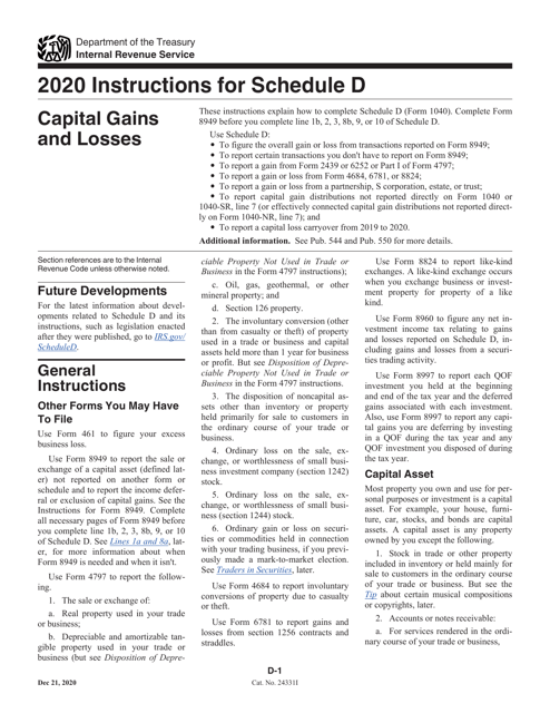 Download Instructions for IRS Form 1040 Schedule D Capital Gains and Losses PDF, 2020