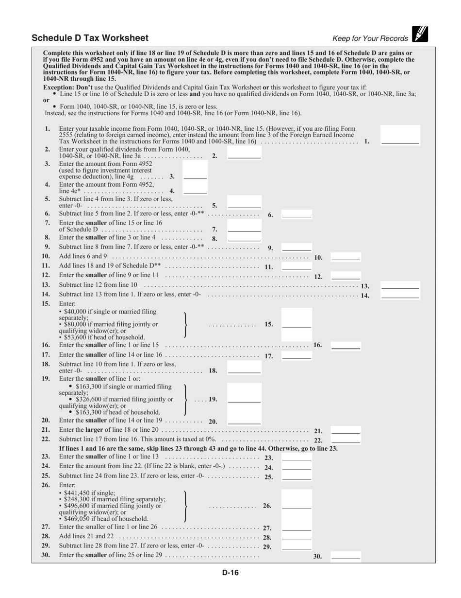 Instructions for IRS Form 1040 Schedule D Capital Gains and Losses, Page 16