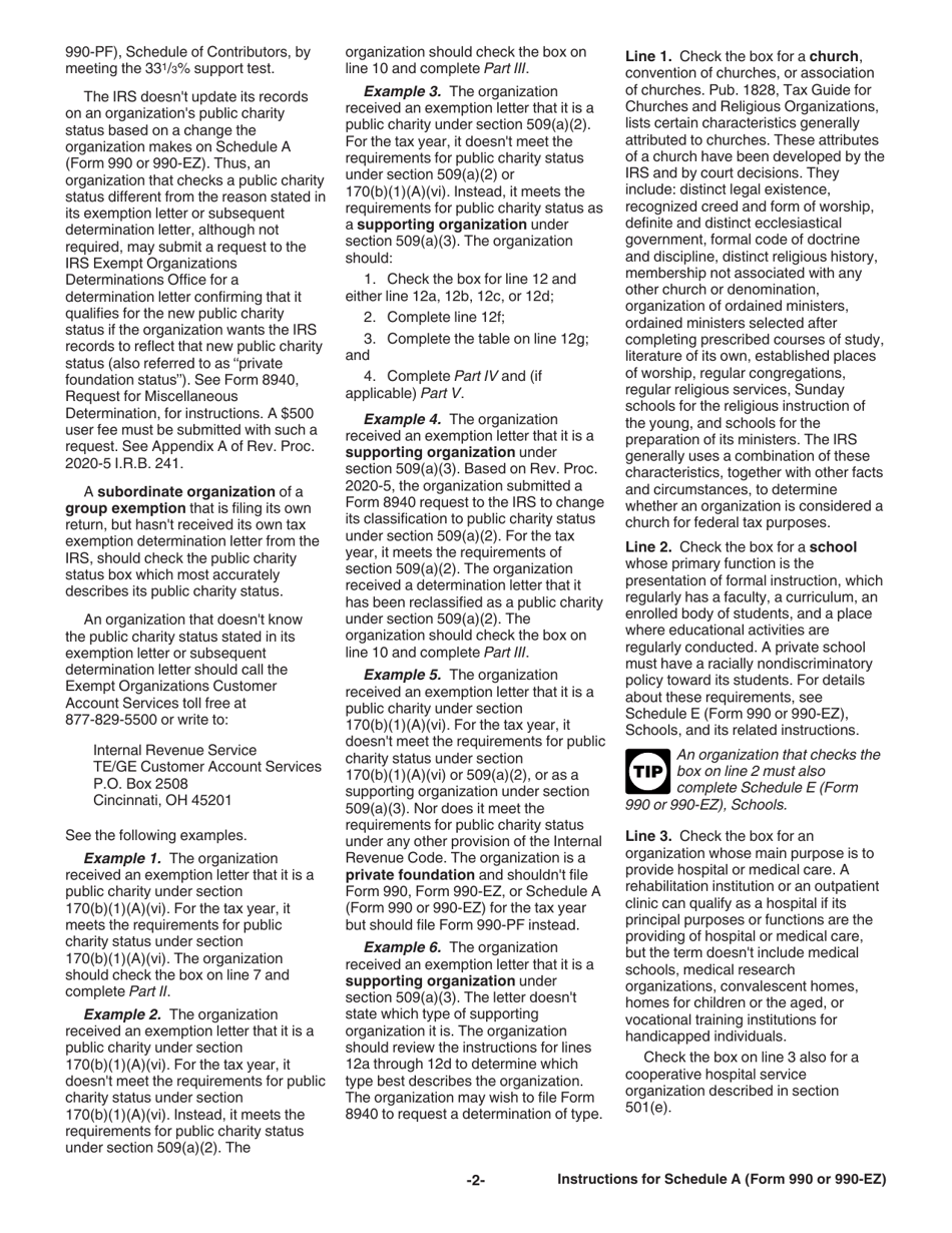 Instructions for IRS Form 990, 990-EZ Schedule A Public Charity Status and Public Support, Page 2