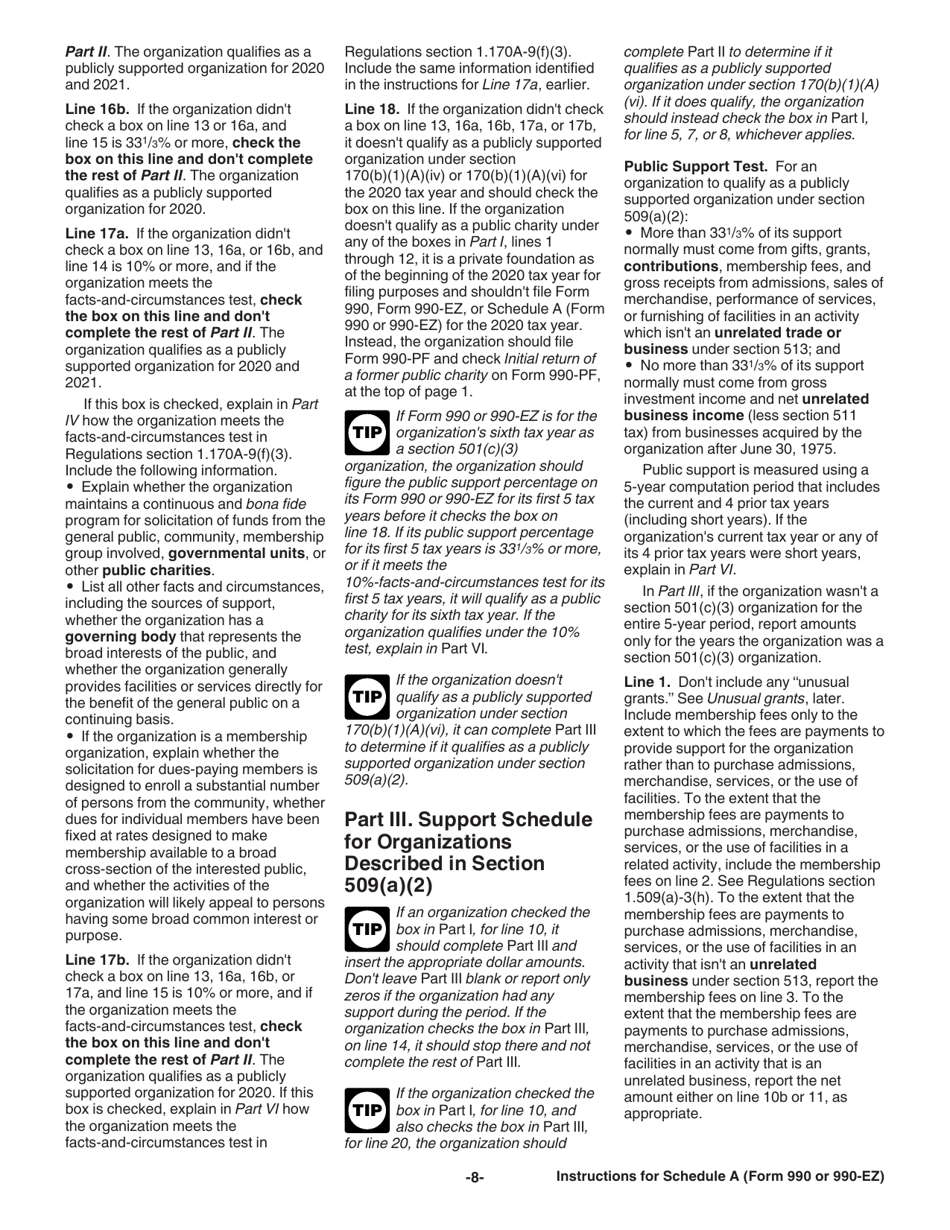 Instructions for IRS Form 990, 990-EZ Schedule A Public Charity Status and Public Support, Page 8