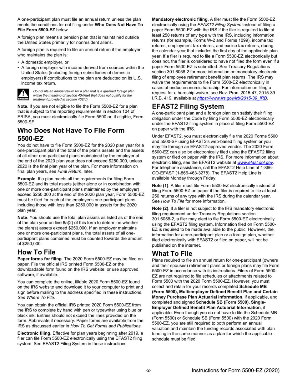 Instructions for IRS Form 5500-EZ Annual Return of a One-Participant (Owners / Partners and Their Spouses) Retirement Plan or a Foreign Plan, Page 2
