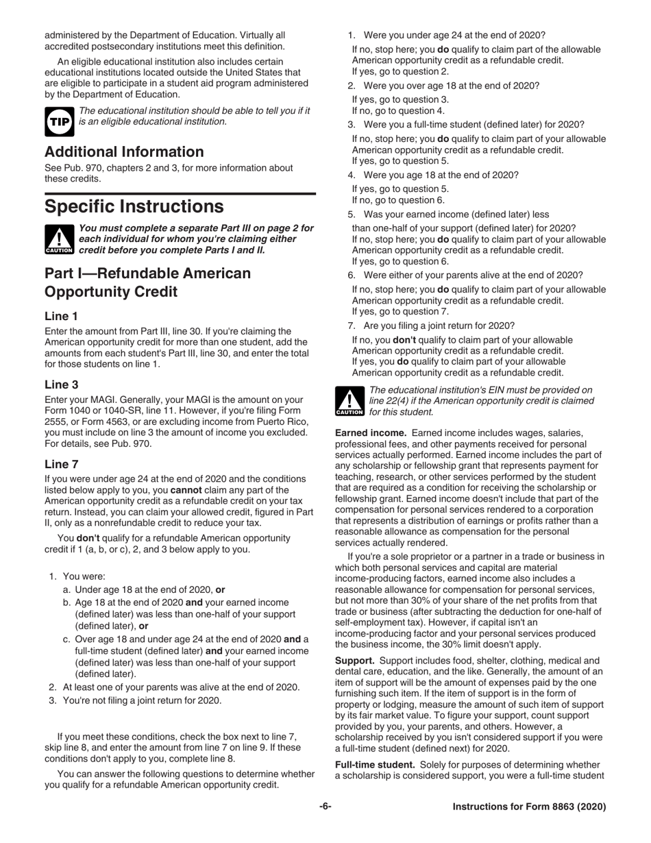 Instructions for IRS Form 8863 Education Credits (American Opportunity and Lifetime Learning Credits), Page 6
