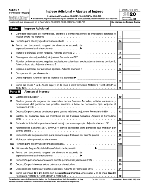 IRS Formulario 1040(SP) Anexo 1 2020 Printable Pdf