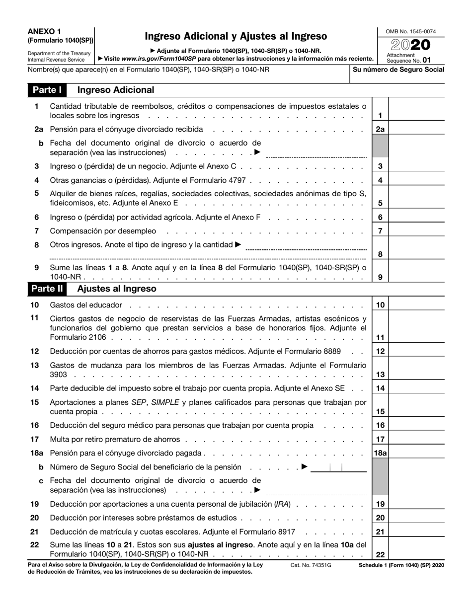 Irs Formulario 1040sp Anexo 1 2020 Fill Out Sign Online And Download Fillable Pdf 7678
