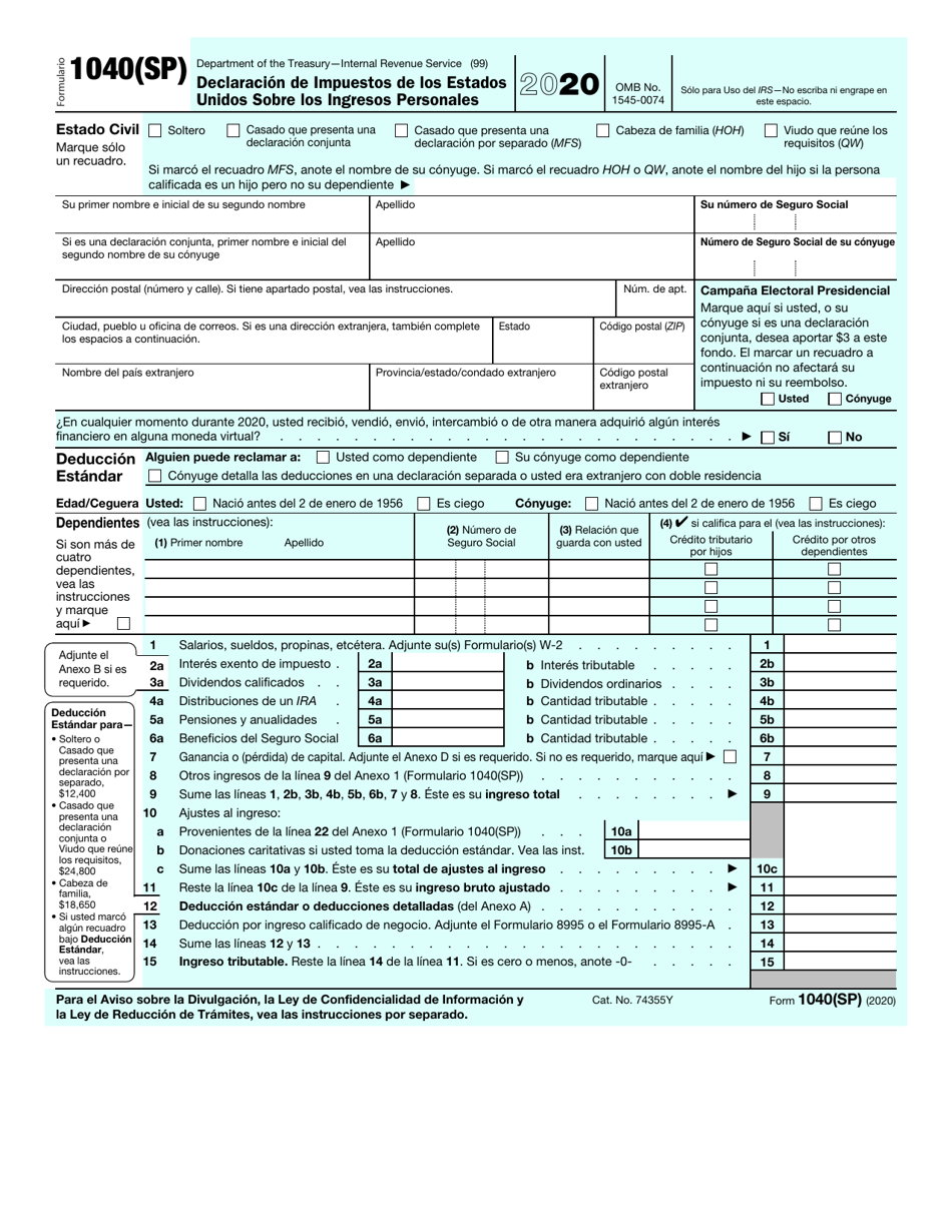 IRS Formulario 1040(SP) Declaracion De Impuestos De Los Estados Unidos Sobre Los Ingresos Personales (Spanish), Page 1