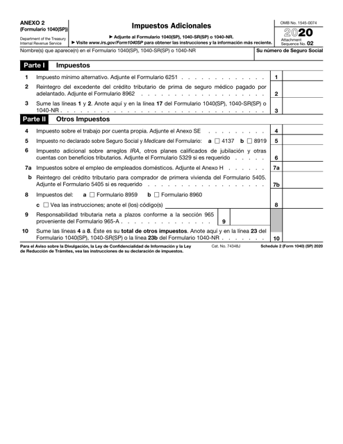 IRS Formulario 1040(SP) Anexo 2 2020 Printable Pdf