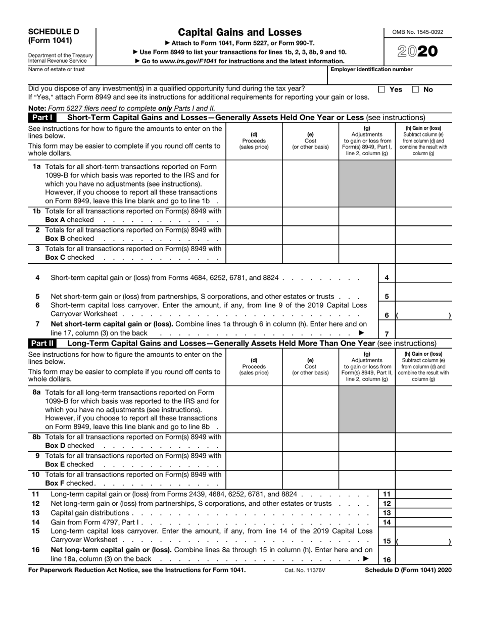 IRS Form 1041 Schedule D Download Fillable PDF or Fill Online Capital Gains and Losses - 2020