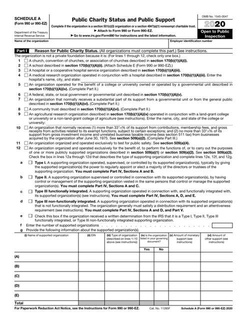 IRS Form 990 (990-EZ) Schedule A Public Charity Status and Public Support, 2020