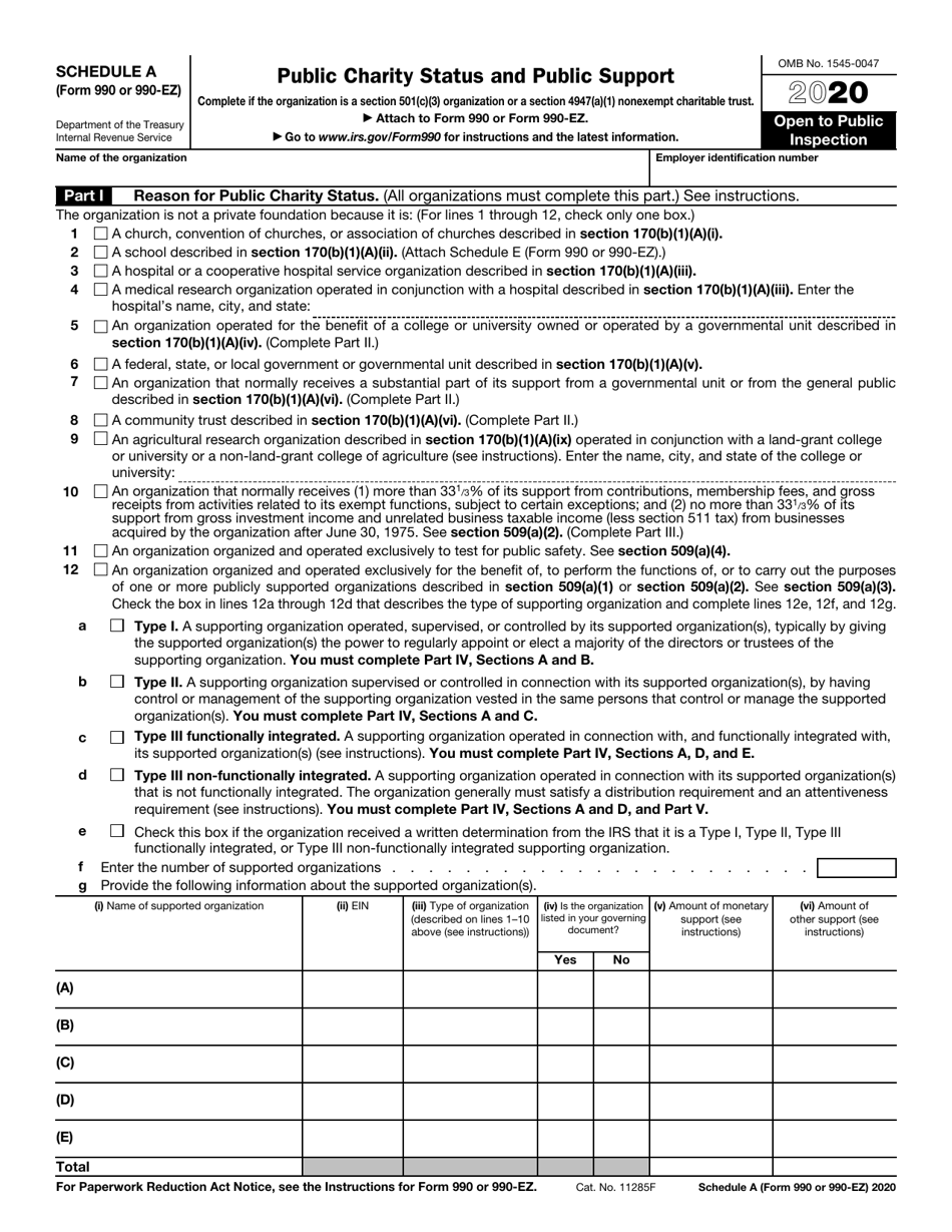 IRS Form 990 (990-EZ) Schedule A Public Charity Status and Public Support, Page 1