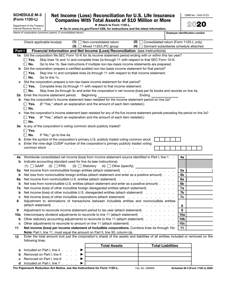 IRS Form 1120-L Schedule M-3 Net Income (Loss) Reconciliation for U.S. Life Insurance Companies With Total Assets of $10 Million or More, Page 1