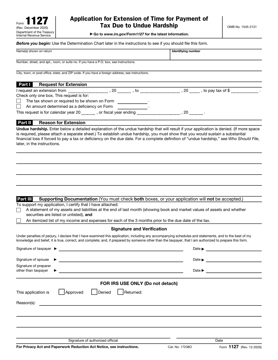 IRS Form 1127 Application for Extension of Time for Payment of Tax Due to Undue Hardship, Page 1