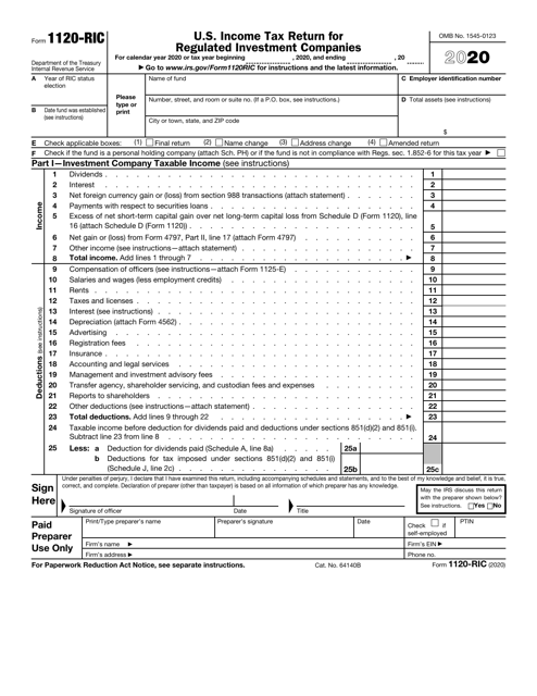 IRS Form 1120-RIC 2020 Printable Pdf