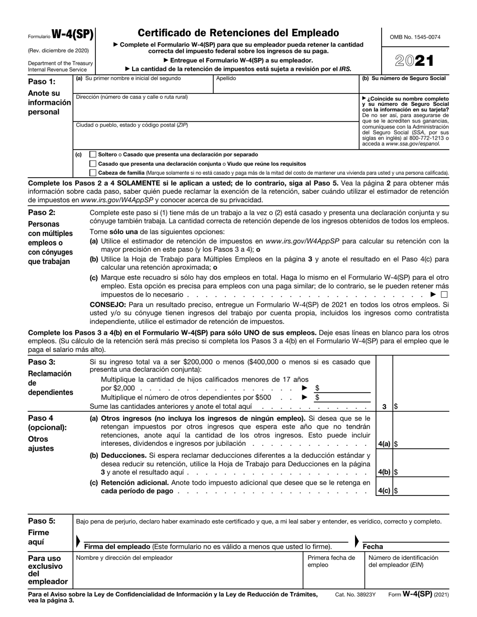 IRS Formulario W-4(SP) Certificado De Retenciones Del Empleado (Spanish), Page 1