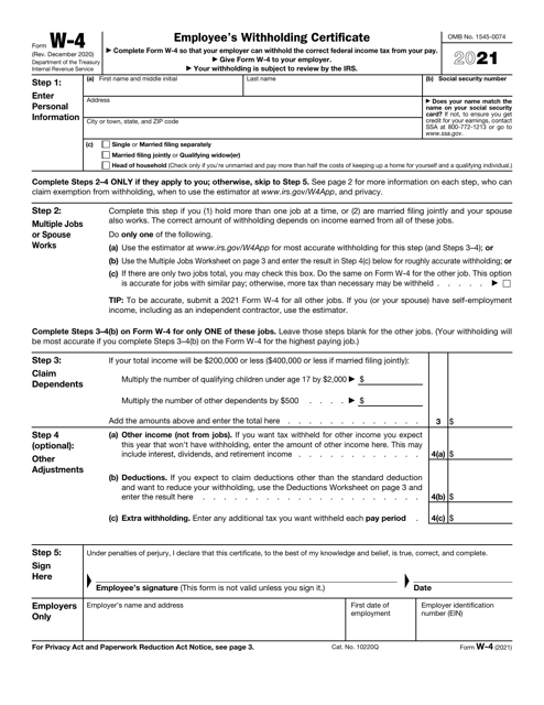 IRS Form W-4 2021 Printable Pdf