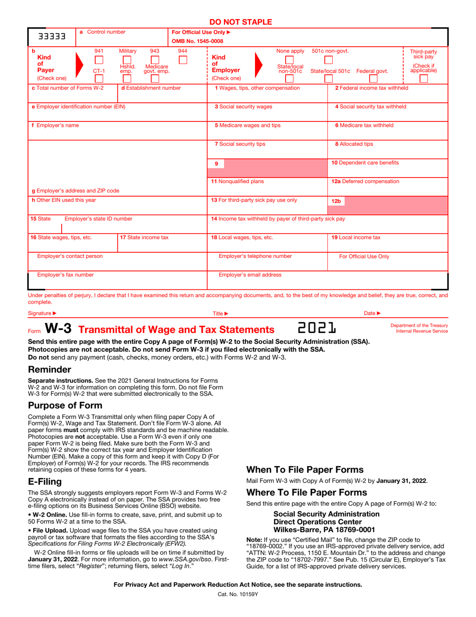 IRS Form W-3 Download Printable PDF Or Fill Online Transmittal Of Wage ...