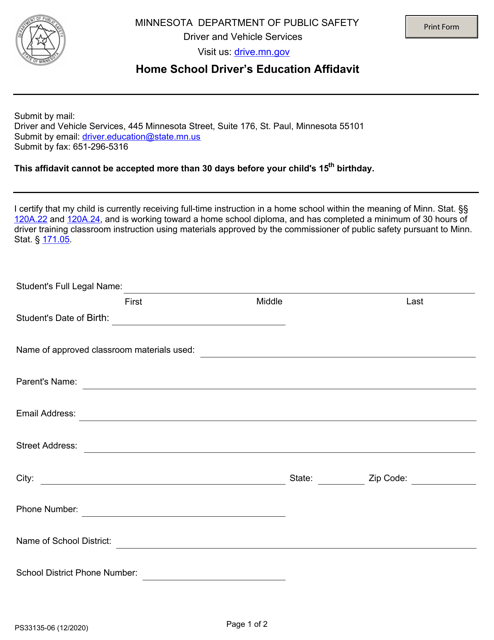Form PS33135 Home School Driver's Education Affidavit - Minnesota