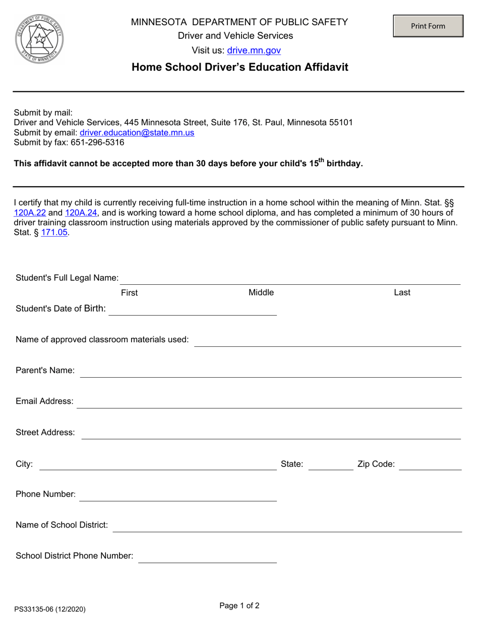 Form PS33135 Home School Drivers Education Affidavit - Minnesota, Page 1