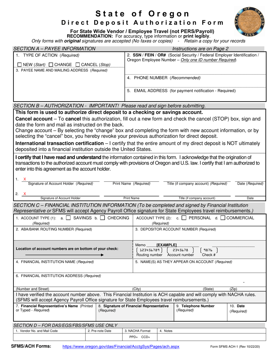 Form SFMS ACH-1 Direct Deposit Authorization Form for State Wide Vendor / Employee Travel (Not Pers / Payroll) - Oregon, Page 1