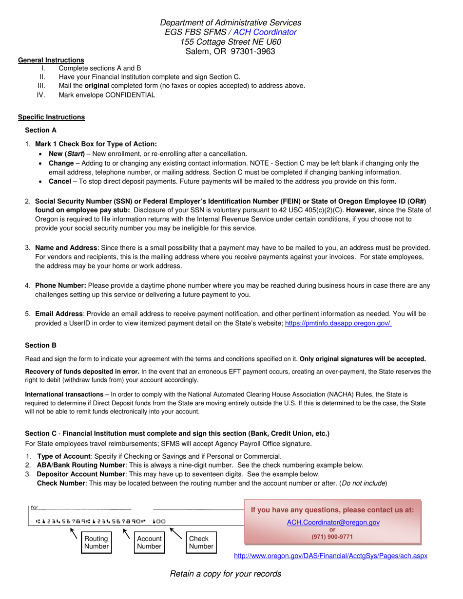 Form SFMS ACH-1 Direct Deposit Authorization Form for State Wide Vendor / Employee Travel (Not Pers / Payroll) - Oregon, Page 2