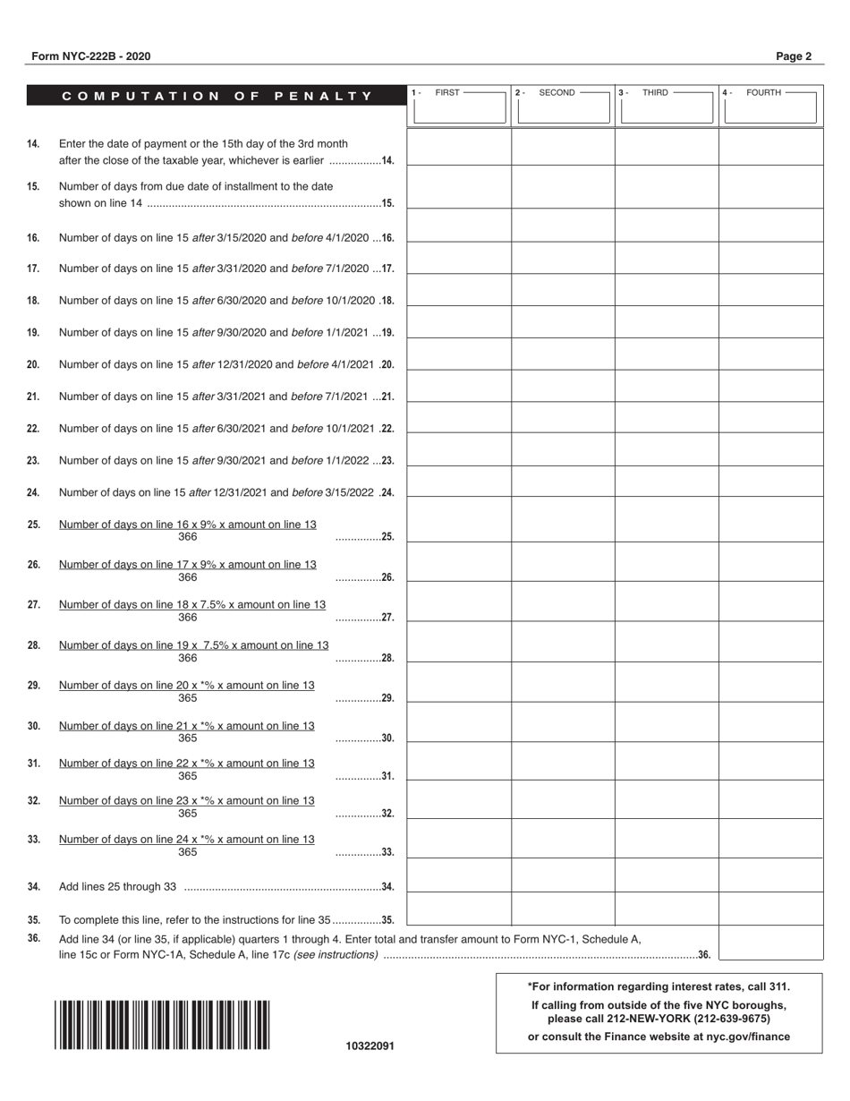 Form NYC-222B Underpayment of Estimated Tax by Subchapter S Banking Corporations - New York City, Page 2