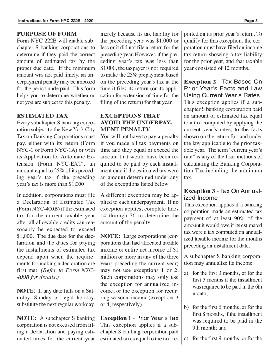 Form NYC-222B Underpayment of Estimated Tax by Subchapter S Banking Corporations - New York City, Page 3