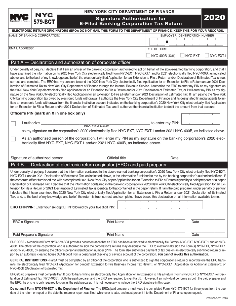 Form NYC-579-BCT Signature Authorization for E-Filed Banking Corporation Tax Return - New York City, Page 1