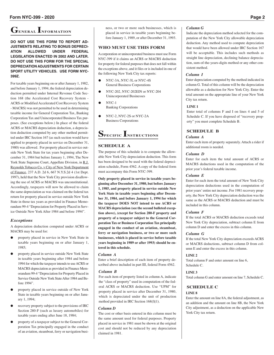 Form NYC-399 Schedule of New York City Depreciation Adjustments - New York City, Page 2