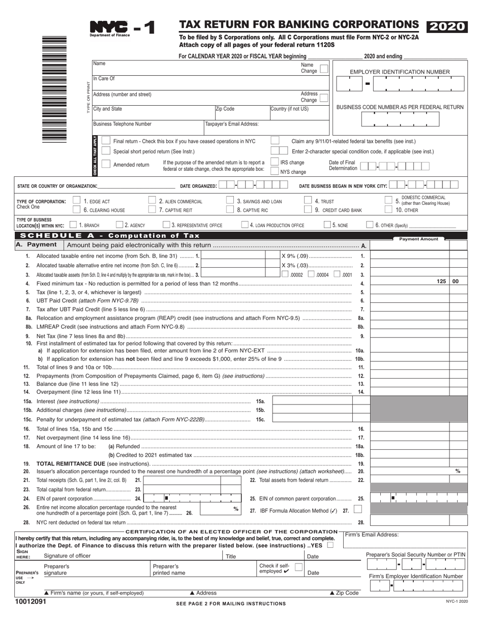 Form NYC-1 Tax Return for Banking Corporations - New York City, Page 1
