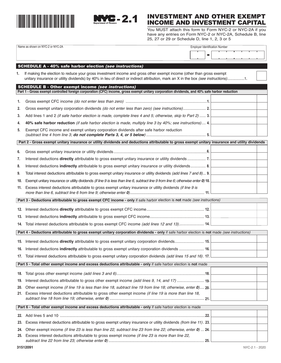 Form NYC-2.1 Investment and Other Exempt Income and Investment Capital - New York City, Page 1