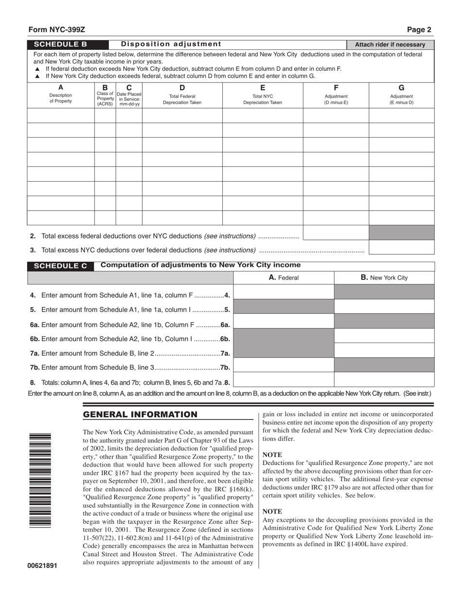 Form NYC-399Z Depreciation Adjustments for Certain Post 9 / 10 / 01 Property - New York City, Page 2