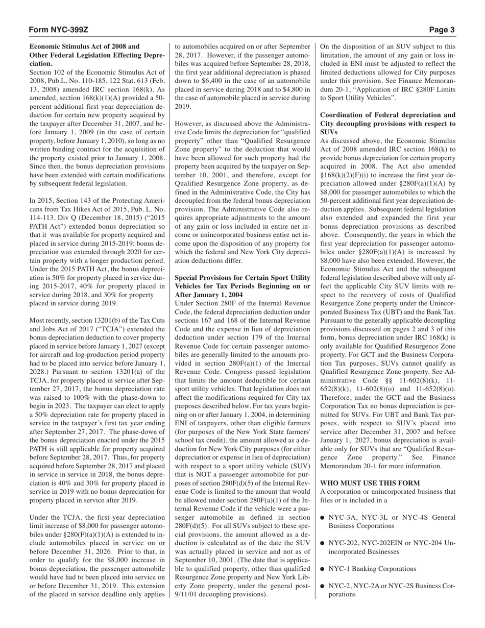Form NYC-399Z Depreciation Adjustments for Certain Post 9 / 10 / 01 Property - New York City, Page 3