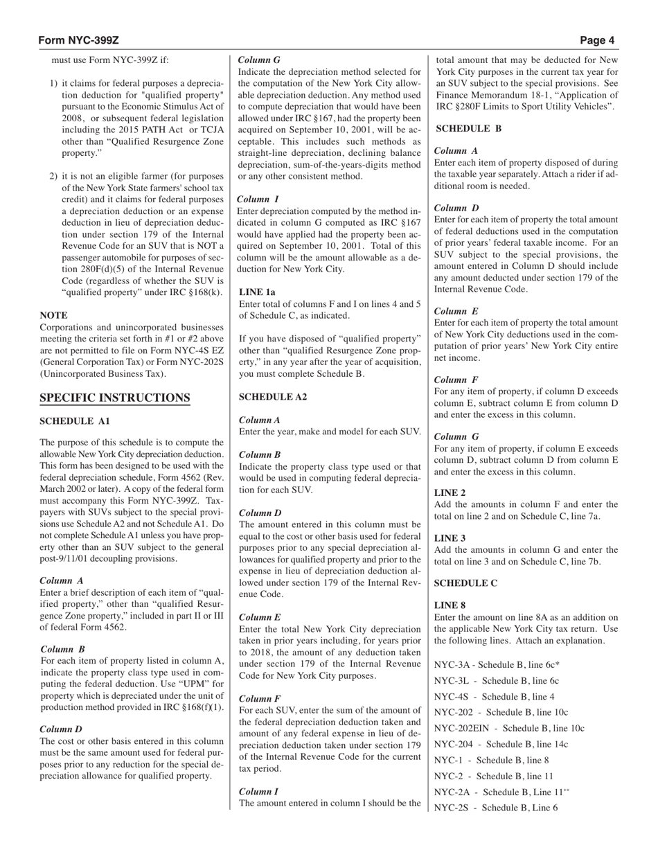 Form NYC-399Z Depreciation Adjustments for Certain Post 9 / 10 / 01 Property - New York City, Page 4