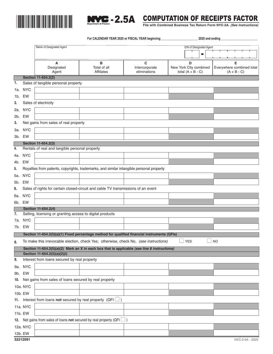 Form NYC-2.5A Computation of Receipts Factor - New York City, Page 1