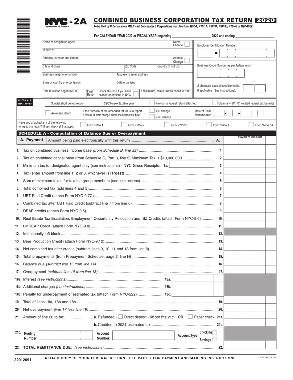 Form NYC-2A Combined Business Corporation Tax Return - New York City, Page 1