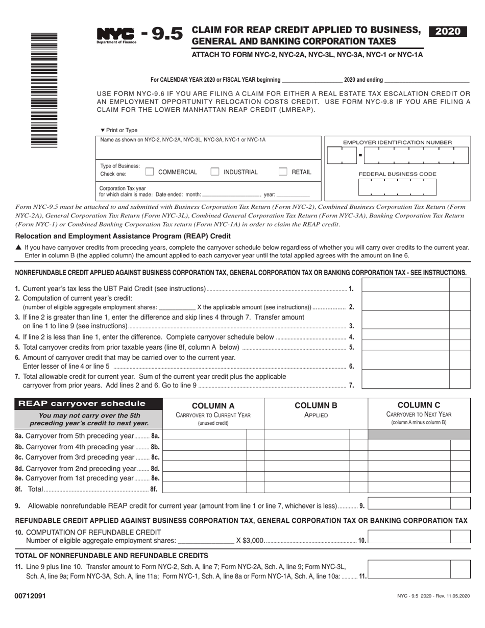 Form NYC-9.5 Claim for Reap Credit Applied to Business, General and Banking Corporation Taxes - New York City, Page 1