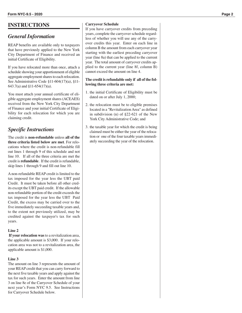 Form NYC-9.5 Claim for Reap Credit Applied to Business, General and Banking Corporation Taxes - New York City, Page 2