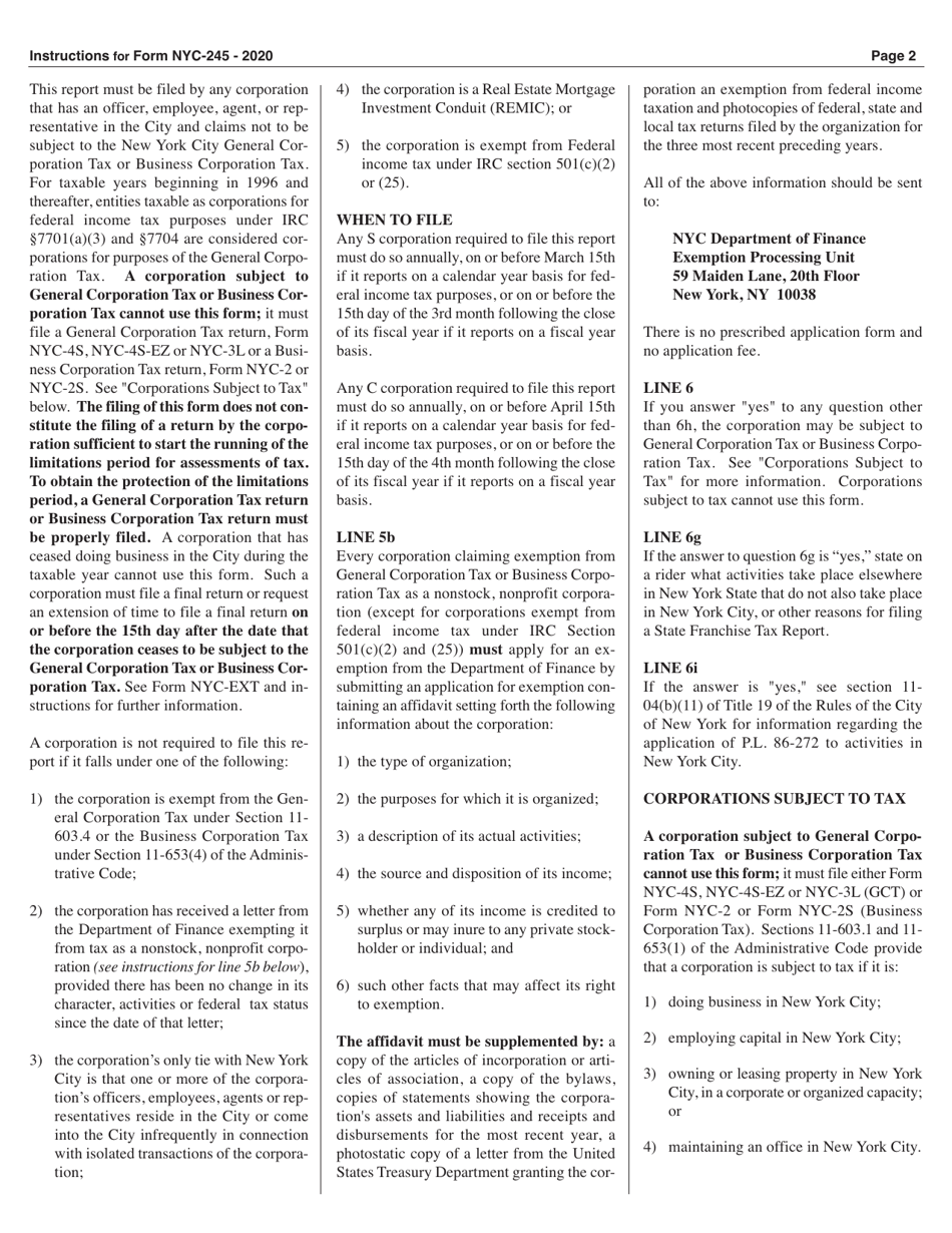 Form NYC-245 Activities Report of Business and General Corporations - New York City, Page 2