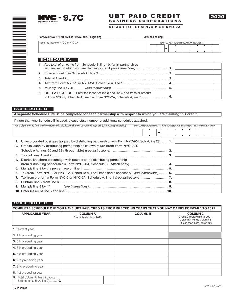 Form NYC-9.7C Ubt Paid Credit Business Corporations - New York City, Page 1