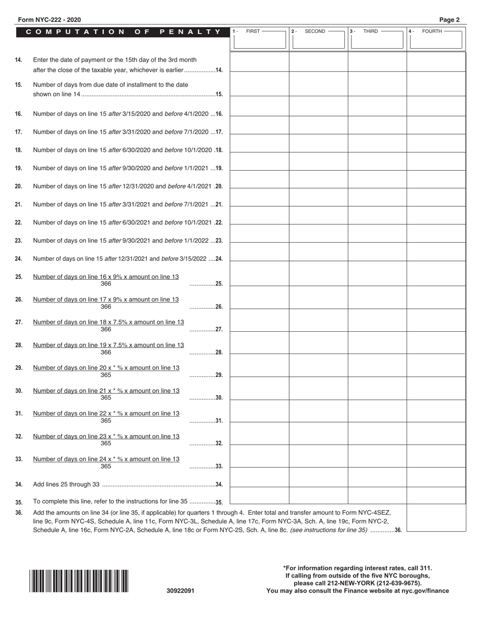 Form NYC-222 Underpayment of Estimated Tax by Business and General Corporations - New York City, Page 2