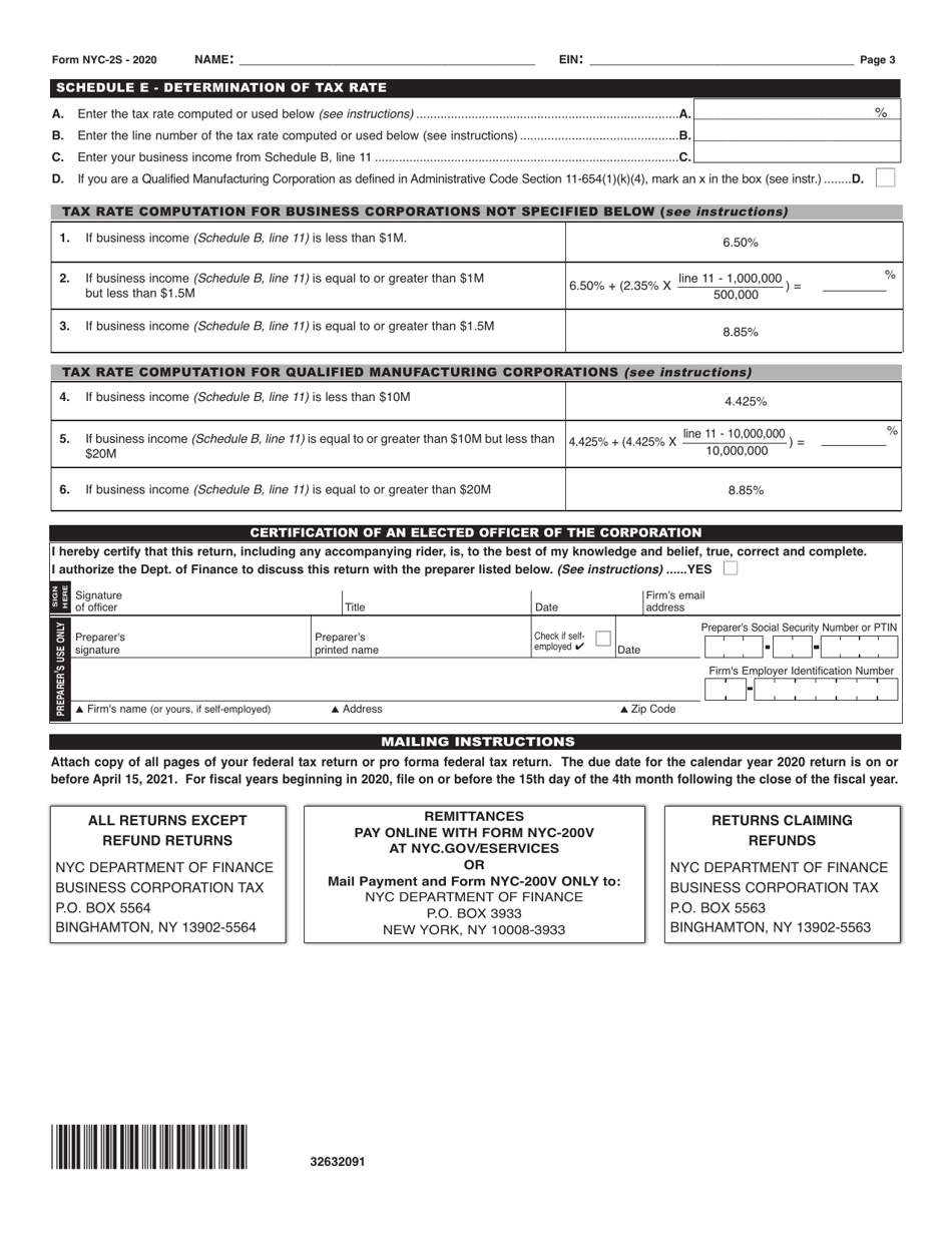 Form NYC-2S Business Corporation Tax Return - New York City, Page 3
