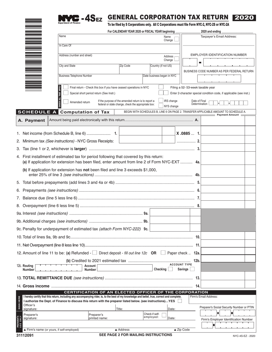Form NYC-4SEZ General Corporation Tax Return - New York City, Page 1