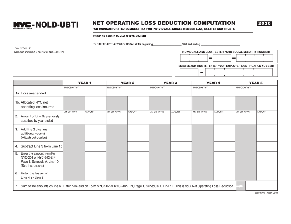 Form NYC-NOLD-UBTI Net Operating Loss Deduction Computation for Unincorporated Business Tax for Individuals, Single-Member Llcs, Estates and Trusts - New York City, Page 1