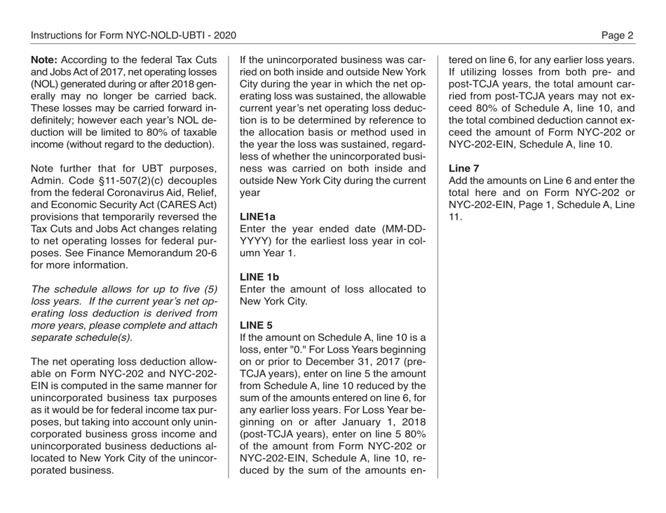 Form NYC-NOLD-UBTI Net Operating Loss Deduction Computation for Unincorporated Business Tax for Individuals, Single-Member Llcs, Estates and Trusts - New York City, Page 2