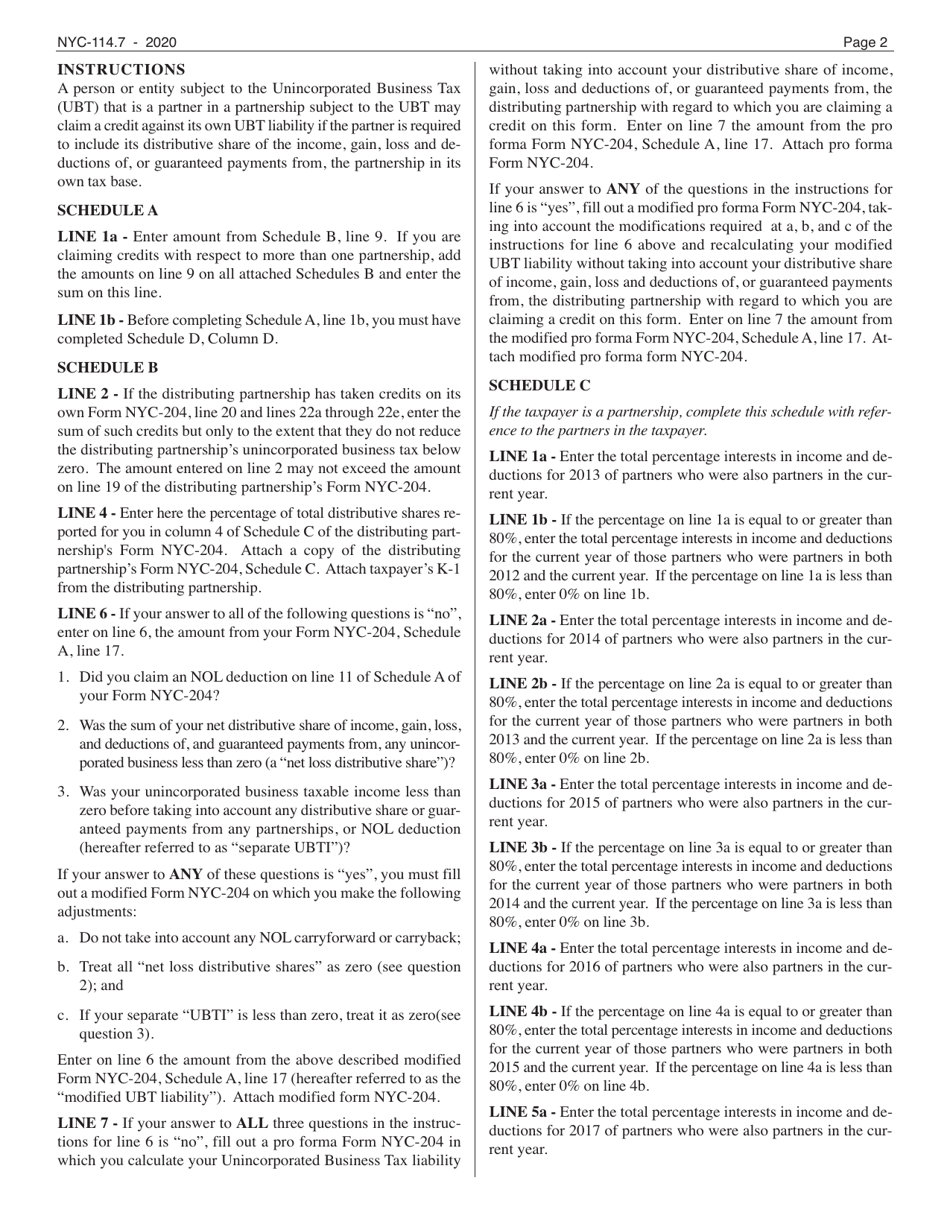 Form NYC-114.7 Ubt Paid Credit for Unincorporated Business Taxpayers - New York City, Page 2